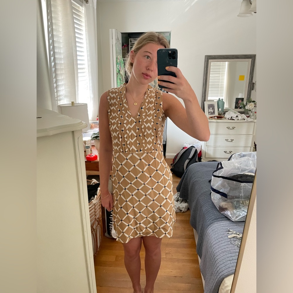 Tibi Women’s Tan Dress with White Diamond Pattern